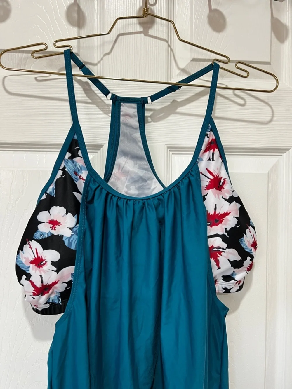 Swimsuit Tankini Top Teal Floral Built-In Bra Racer-Back Style Size XXL